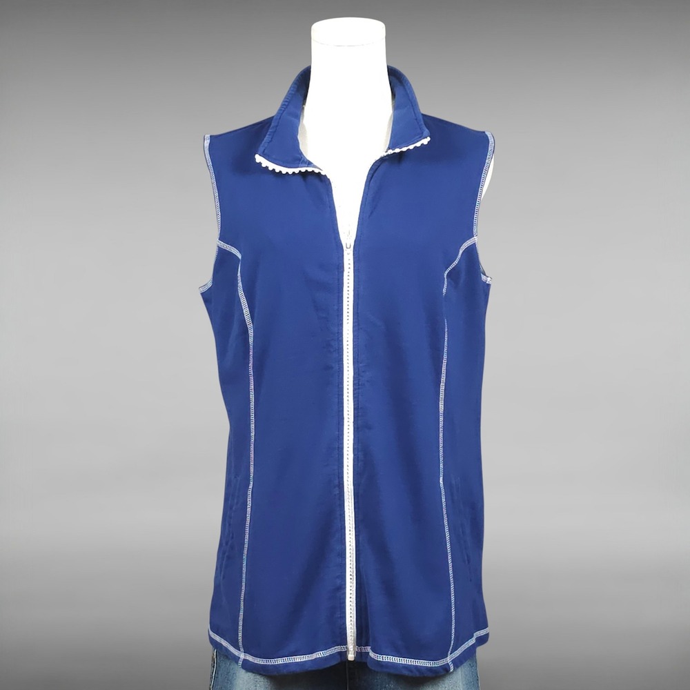 Quacker Factory Blue Rhinestone Zip Vest M French Terry Nautical Coastal